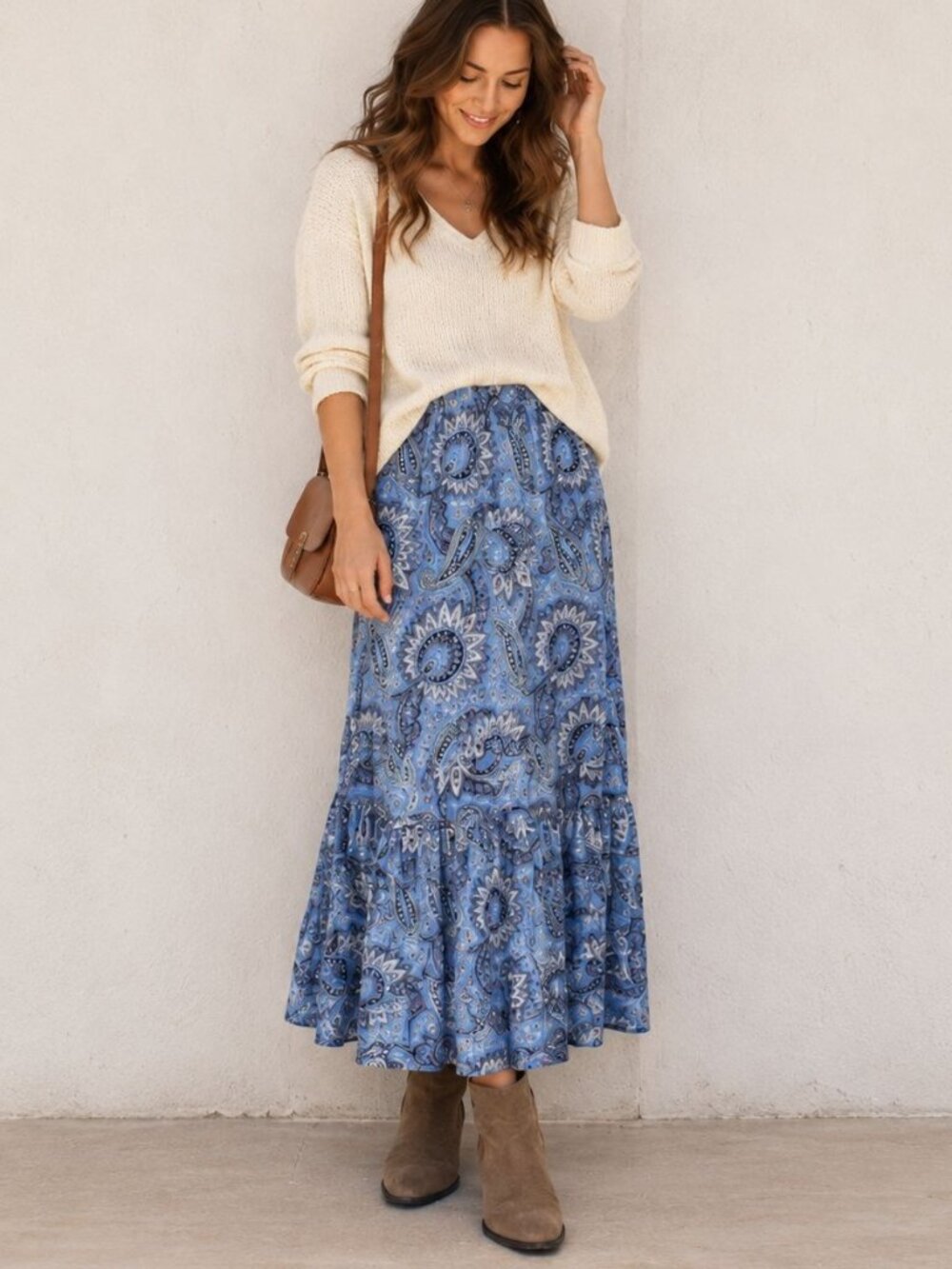 Talbots Plus Size X 12W Blue Paisley Maxi Skirt Elastic Waist Boho Pull On Artsy